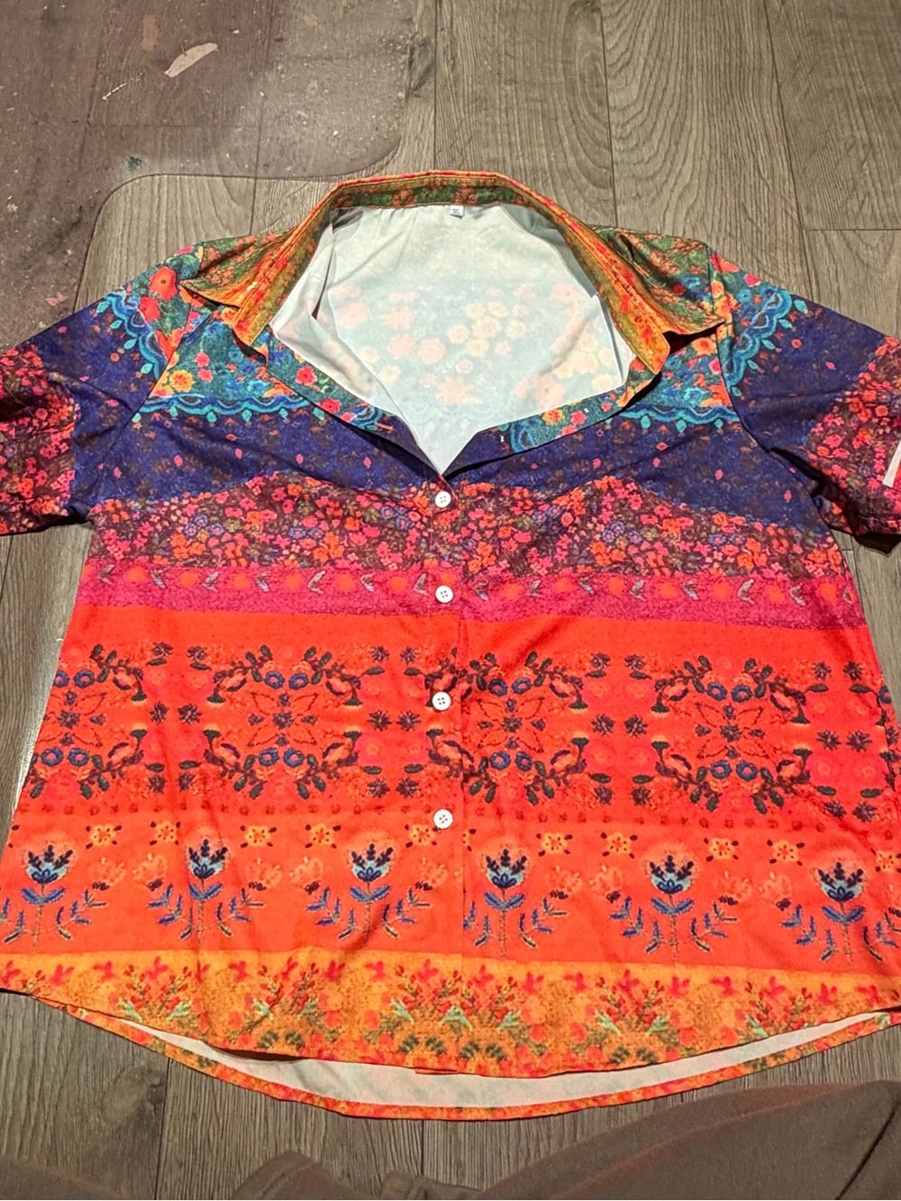 Women's Short-Sleeve Floral Button-Up Blouse - Orange & Purple
